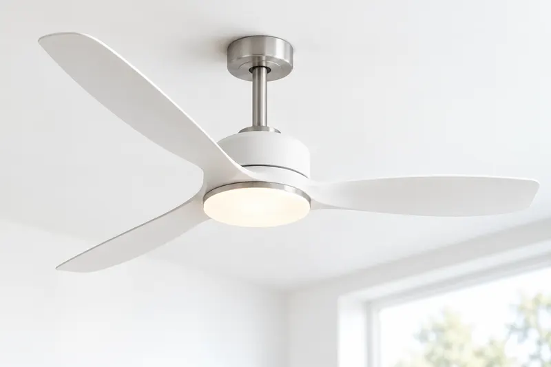 A white ceiling fan with a light