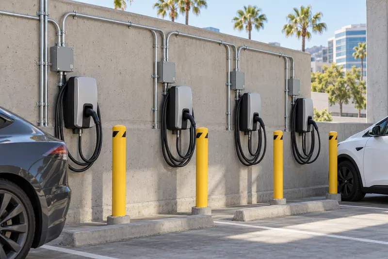 A row of wall-mounted EV chargers with bollards in a commercial parking structure