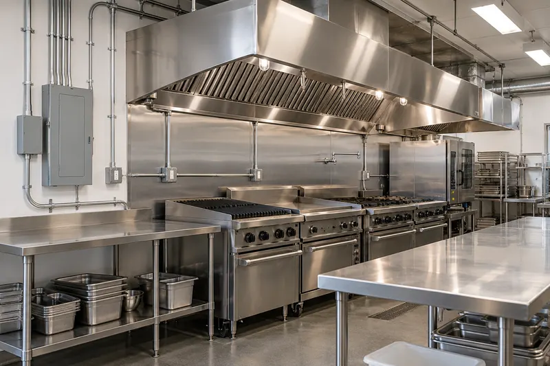 A restaurant kitchen with a hood, cooking line and wall conduit