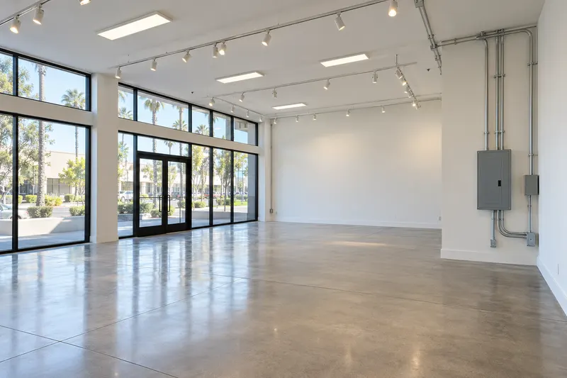 An empty retail space with track lighting, LED panels and a wall panel