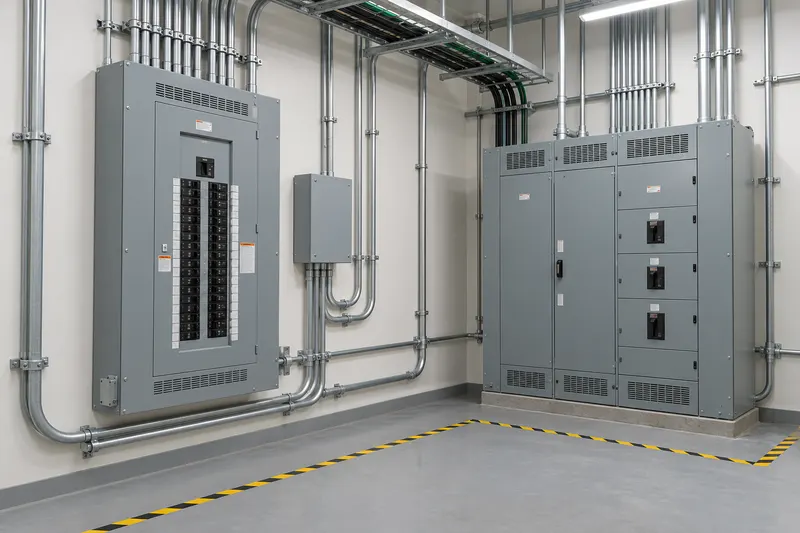 A commercial electrical room with a distribution panel, a switchboard and overhead conduit