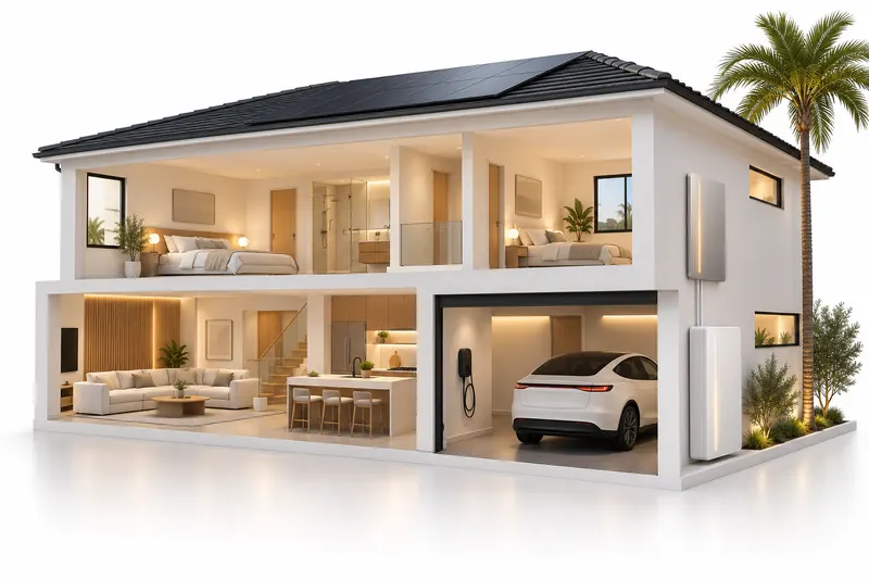 A cutaway of a modern home showing panel, EV charger, battery and lit rooms