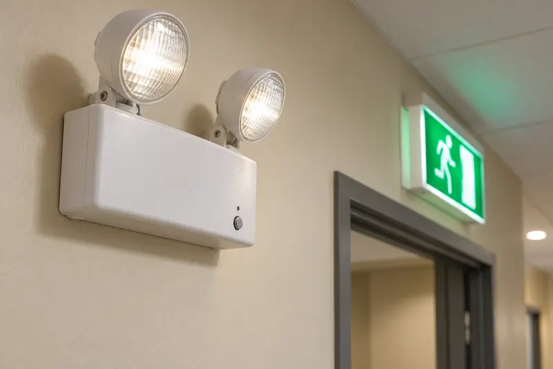 A white two-head emergency light on a corridor wall with a green exit sign glowing over a doorway beyond it