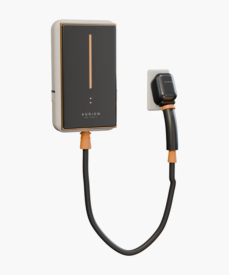 A white wall-mounted EV charger with a coiled cable and a rating plate