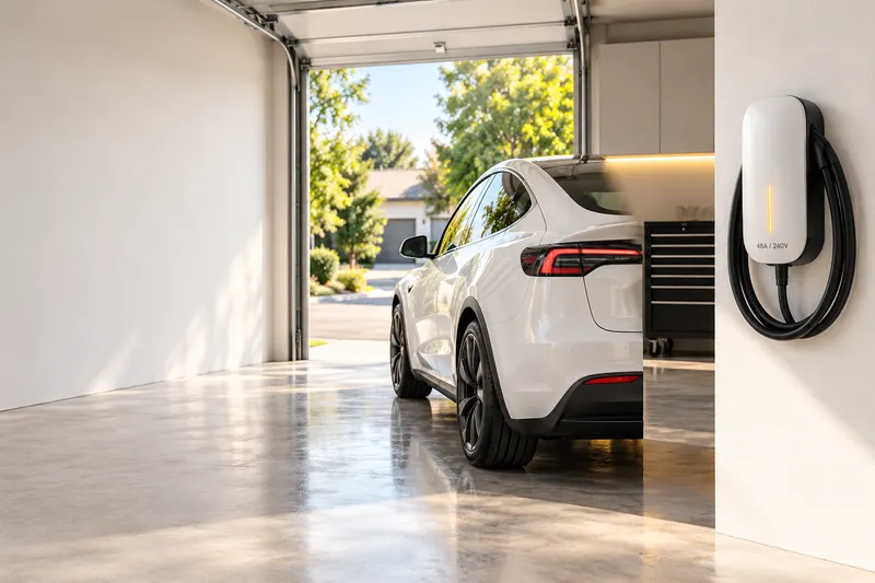 A white electric car in a bright garage with a wall-mounted EV charger on the right wall
