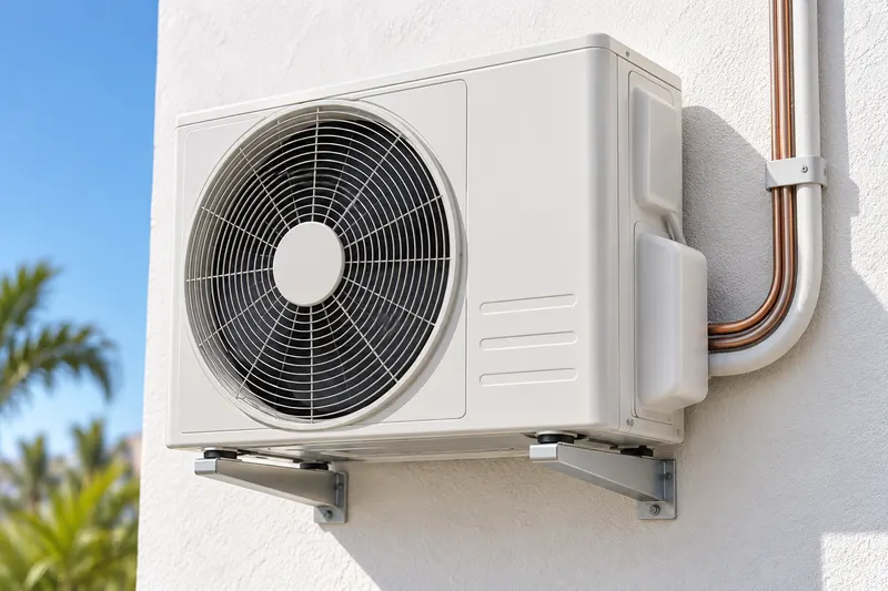 An outdoor mini-split heat pump on a white wall