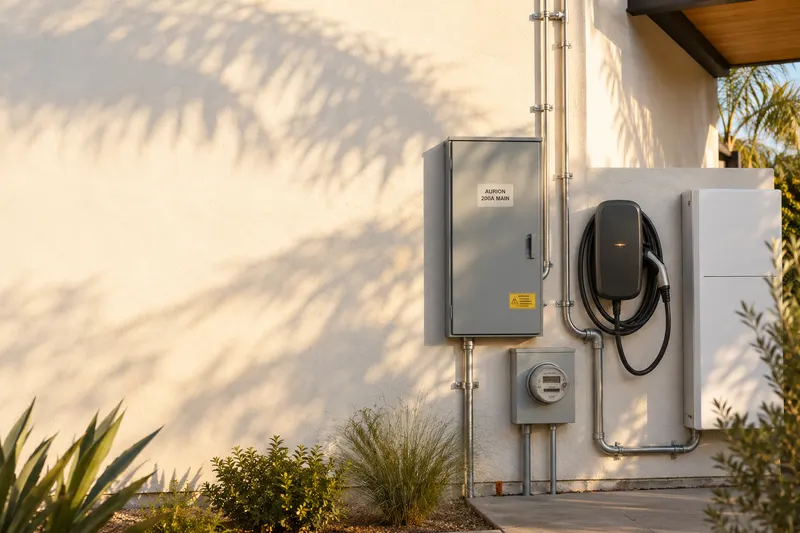 Brushed-metal electrical panel, circuit breakers and an EV charger on a white stucco wall of a SoCal home