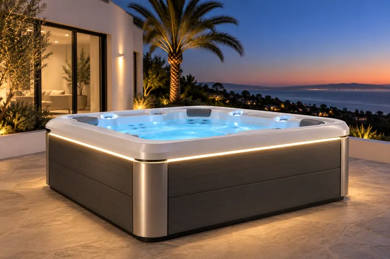 A spa at dusk beside a white home