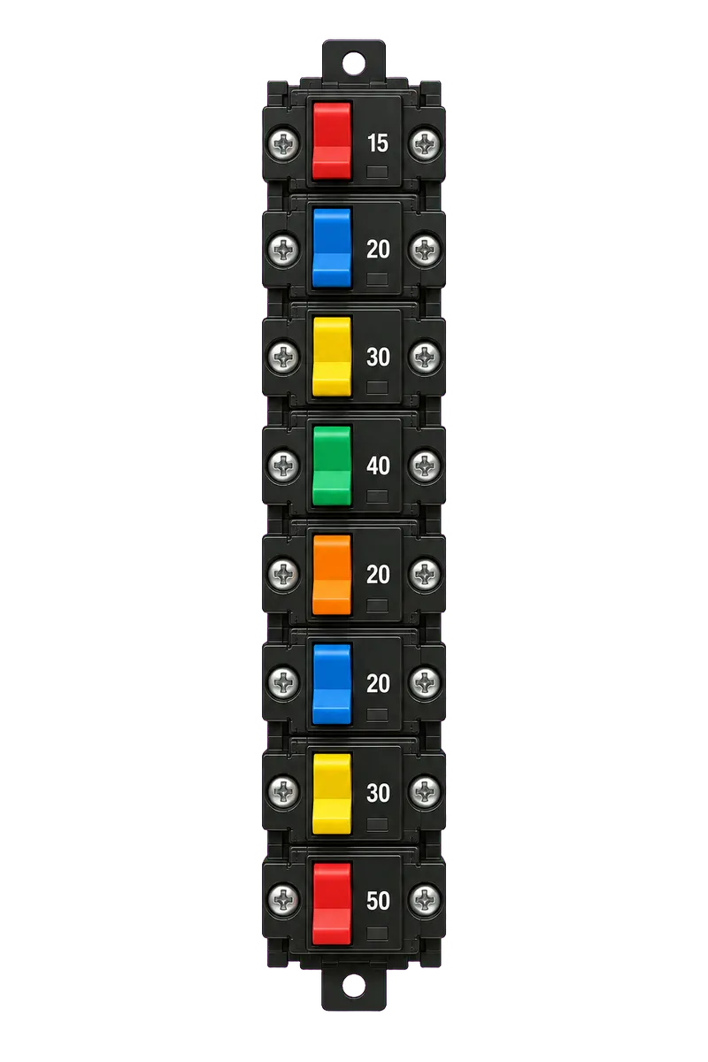A strip of circuit breakers with colored handles