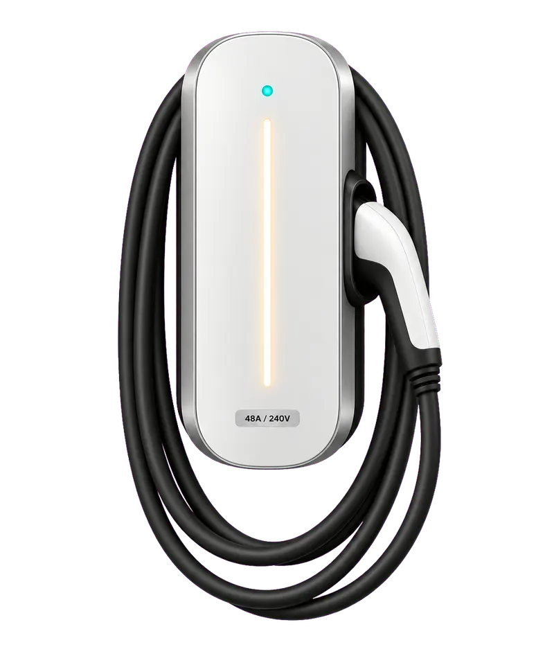 A white wall EV charger with a cable