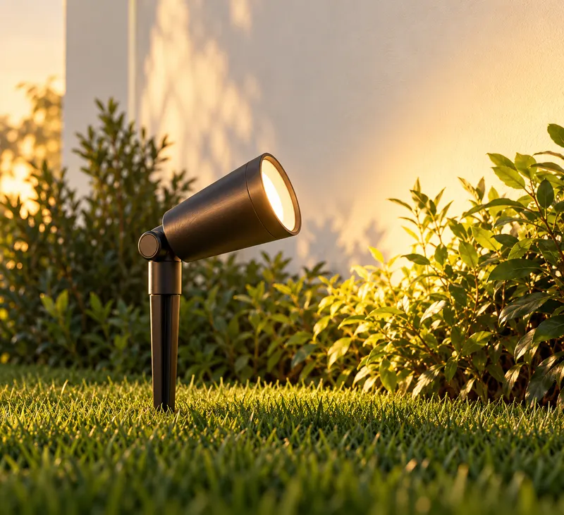 A landscape spotlight in a lawn