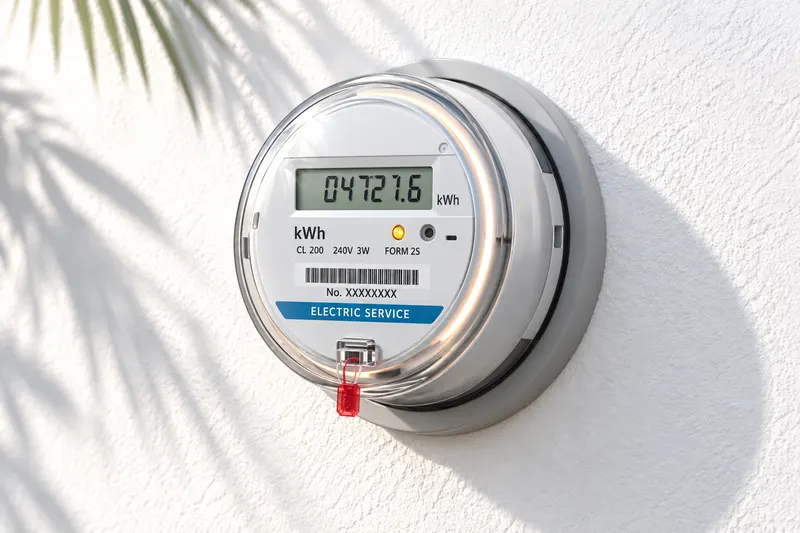 A round electric meter on a stucco wall with a digital reading, dial markings and a barcode label