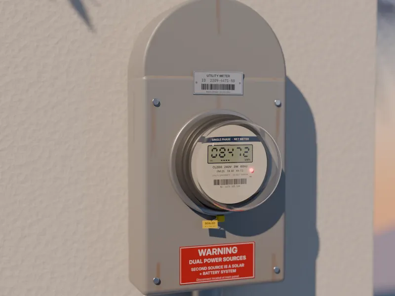 A round electric meter beside a permit clipboard on a stucco wall