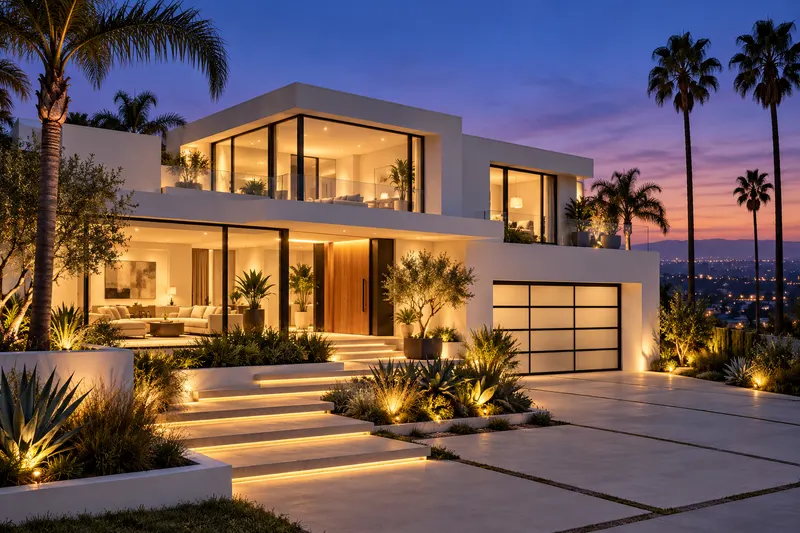 A modern SoCal home at dusk with interior lights on