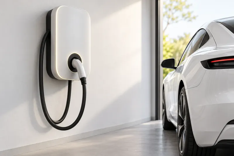 An EV charger in a garage with a white car at the edge