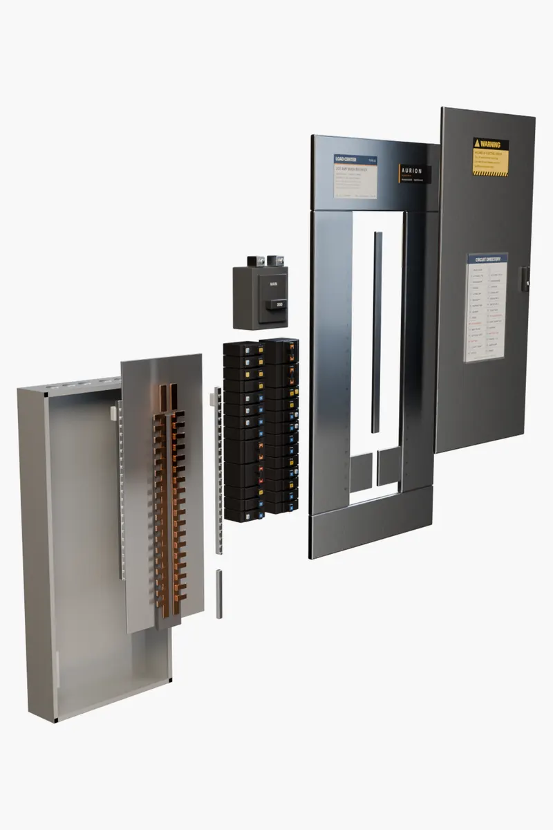 Exploded view of a panel showing the meter-main, bus, breakers and enclosure
