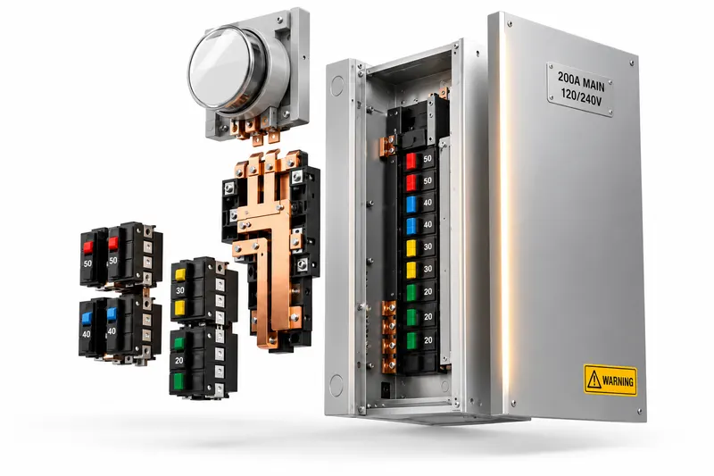 Exploded view of a panel showing the meter-main, bus, breakers and enclosure, laid out side by side