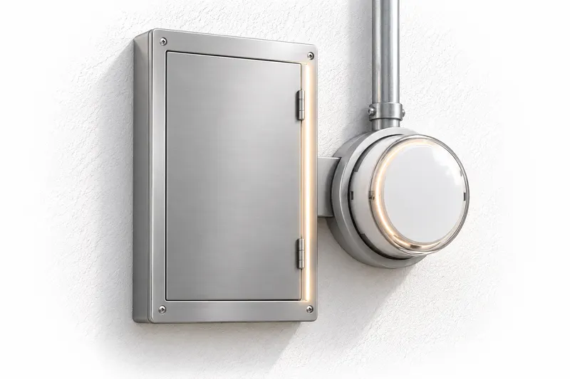 A brushed-metal panel enclosure beside a smart meter with a service mast conduit on a white stucco wall