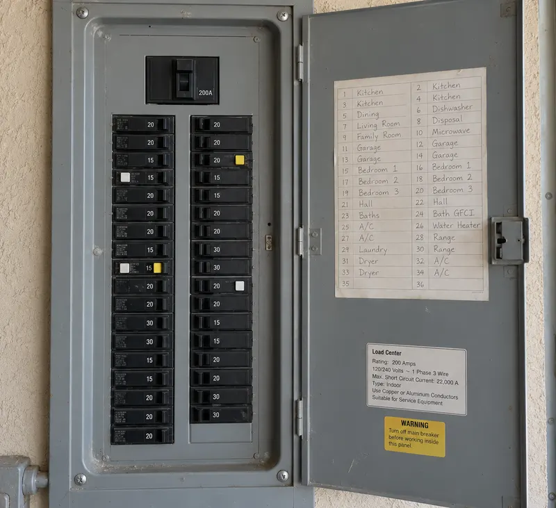 An electrical panel with its door open showing colored breakers, a circuit directory and a warning sticker