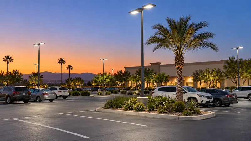 A commercial parking lot at dusk with tall galvanized pole lights with flat LED heads, parked cars, a palm tree in a landscaped island and a stucco retail building behind