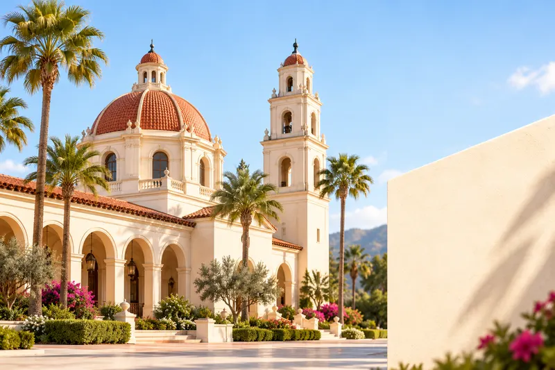 Pasadena, California: a domed civic building with a red tile roof and palm trees in a sunny Southern California city