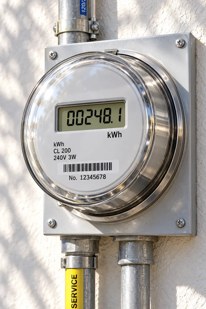 A round electric meter on a stucco wall with a digital reading, dial markings and a barcode label