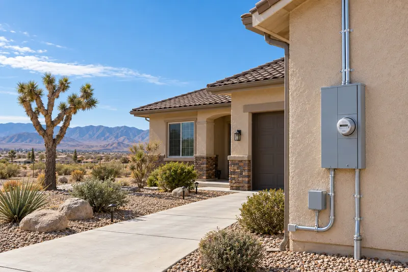 Lancaster, California: a high-desert stucco home with a Joshua tree and rock landscaping under a wide sky