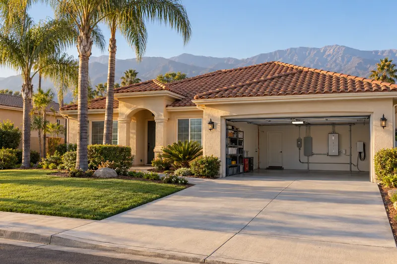 Riverside, California: a single-story stucco ranch home with a tile roof and palms below the mountains