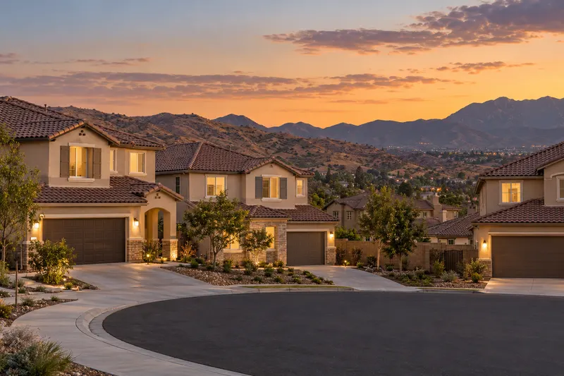 Montclair, California: a cul-de-sac of two-story stucco homes with desert hills behind at sunset