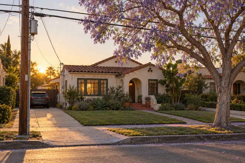 A Spanish-revival bungalow on a Los Angeles street with a jacaranda tree and a utility pole