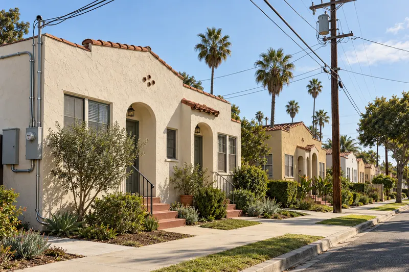 Carson, California: a 1940s stucco cottage on a Los Angeles side street with palms and a wooden utility pole