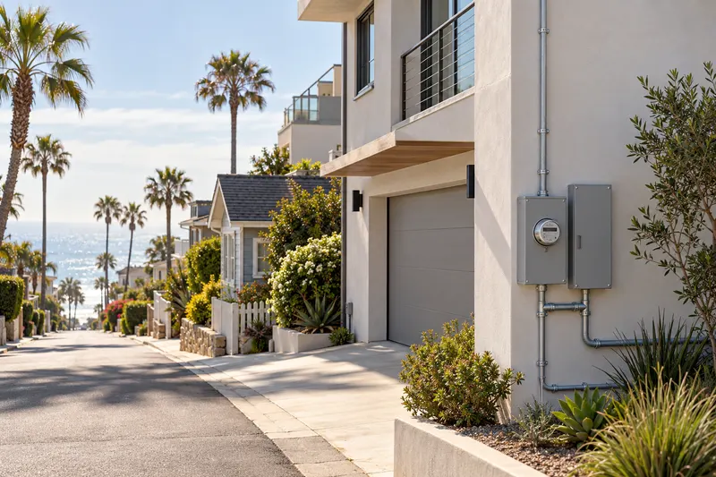 Long Beach, California: a beach-city street with stucco townhouses and palm trees, the ocean at the far end