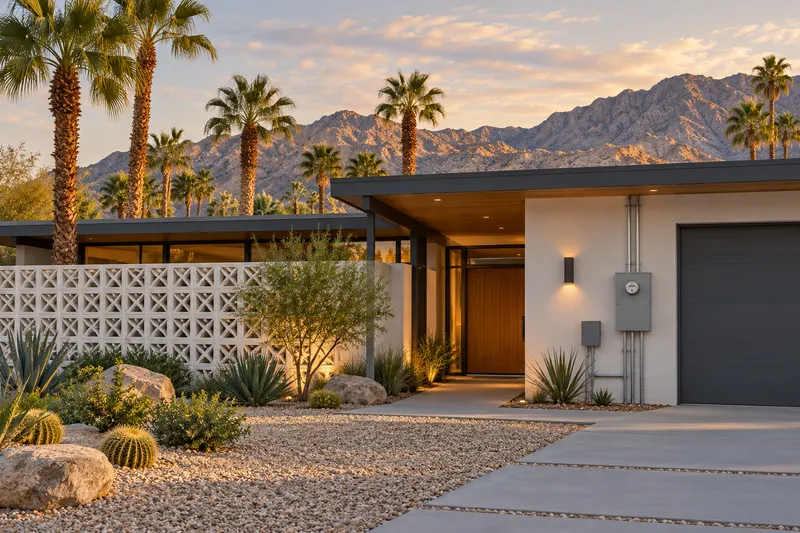 Palm Desert, California: a mid-century modern desert home with palms and mountains behind