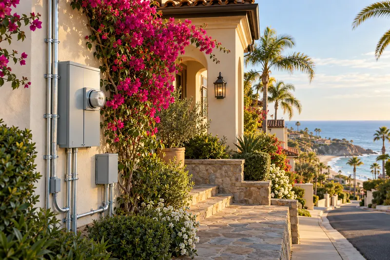 Newport Beach, California: a Mediterranean-style coastal home with bougainvillea and a view of the ocean