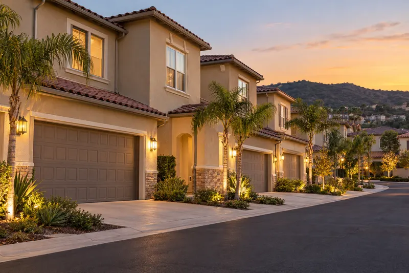 Fullerton, California: Two-story stucco homes in an Orange County neighborhood at evening