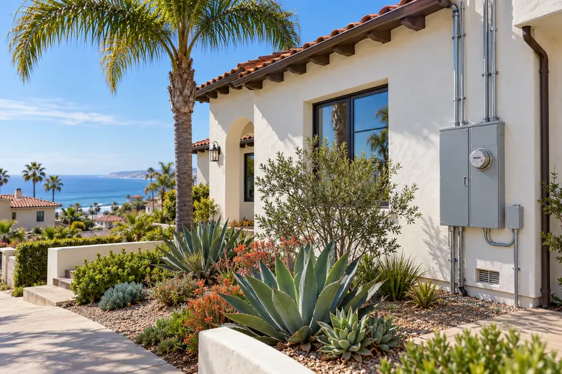 Encinitas, California: a white stucco home with a red tile roof, palm and succulents, with a view of the Pacific