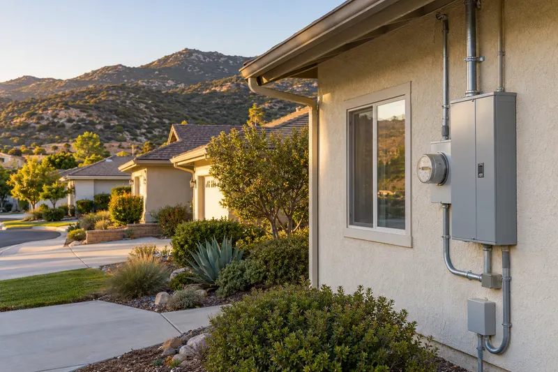 Santee, California: Single-story ranch homes on a quiet inland San Diego County street with chaparral hills