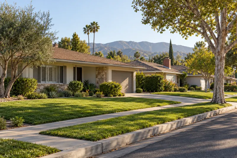 Glendale, California: Mid-century ranch homes on a San Fernando Valley street with hills behind