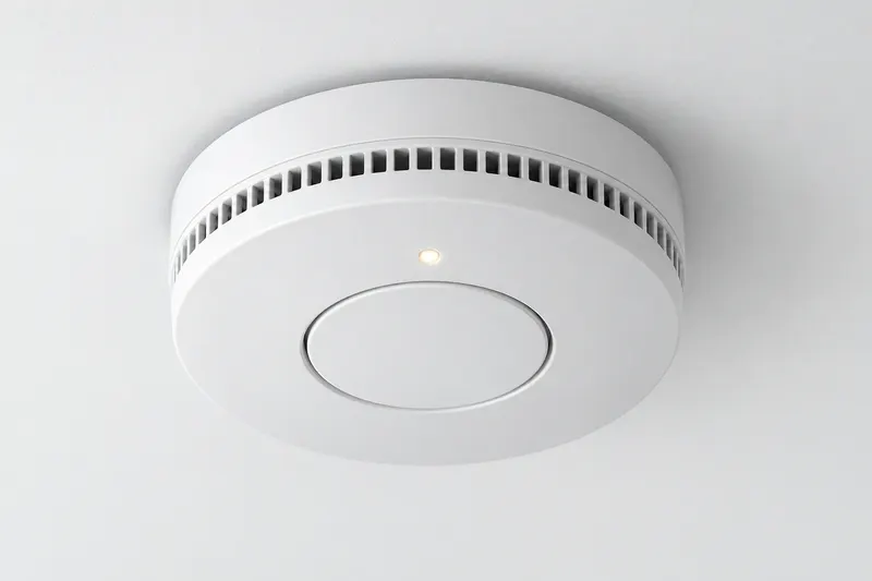 A white smoke and CO detector on a ceiling