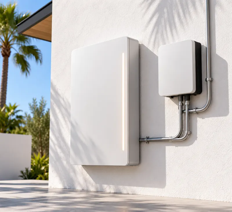A battery and inverter mounted on an exterior wall