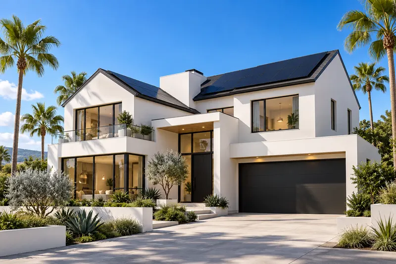 A modern SoCal home with solar panels on the roof