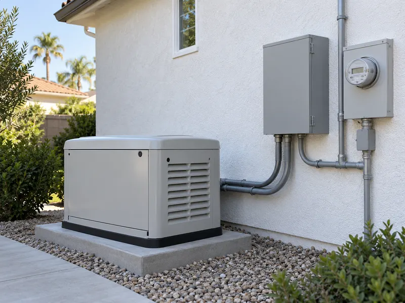 A gray standby generator on a concrete pad beside a stucco wall, wired by conduit to a gray transfer switch box and the electric meter
