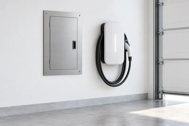 A subpanel and EV charger on a garage wall