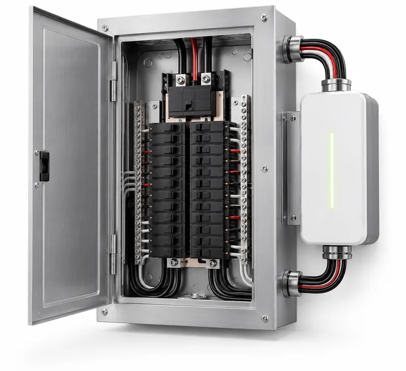 A whole-home surge protection device beside a panel