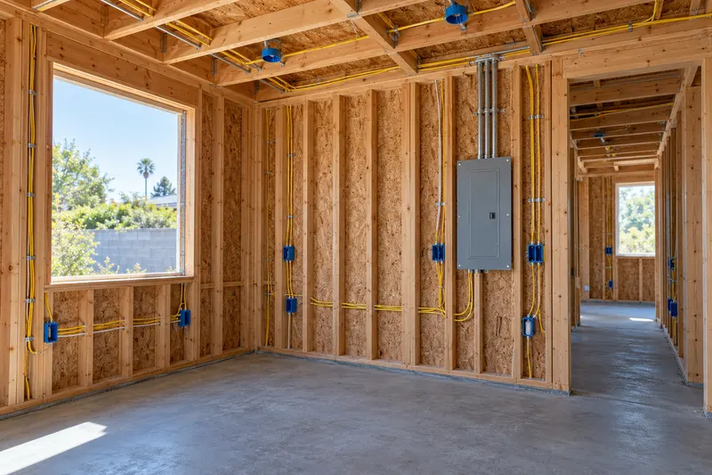 The framed interior of a new accessory dwelling unit with cable, boxes and a small subpanel in the wall