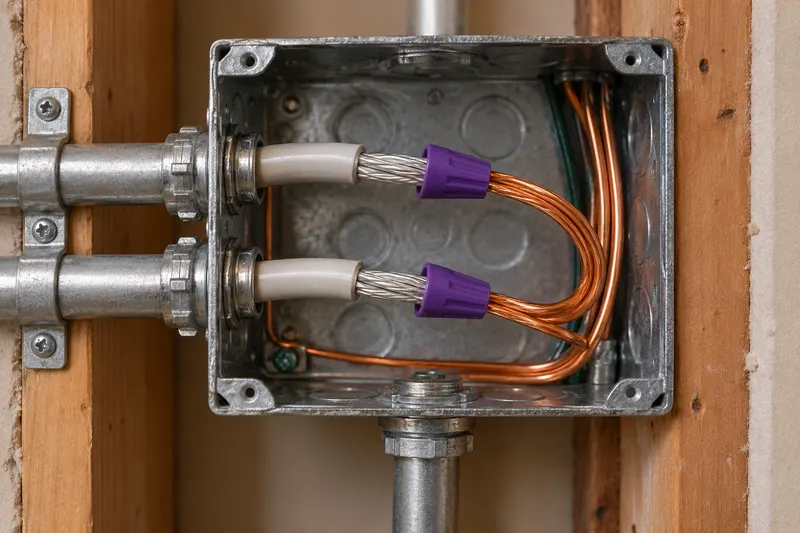 An open junction box with aluminum branch wires joined to copper pigtails with purple connectors