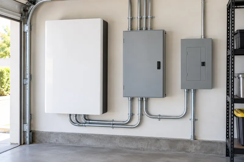 A wall-mounted home battery next to a transfer switch and a small subpanel on a garage wall