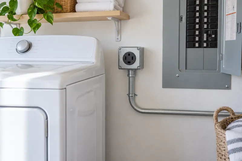 A 240-volt dryer outlet on a laundry room wall with a short metal conduit run