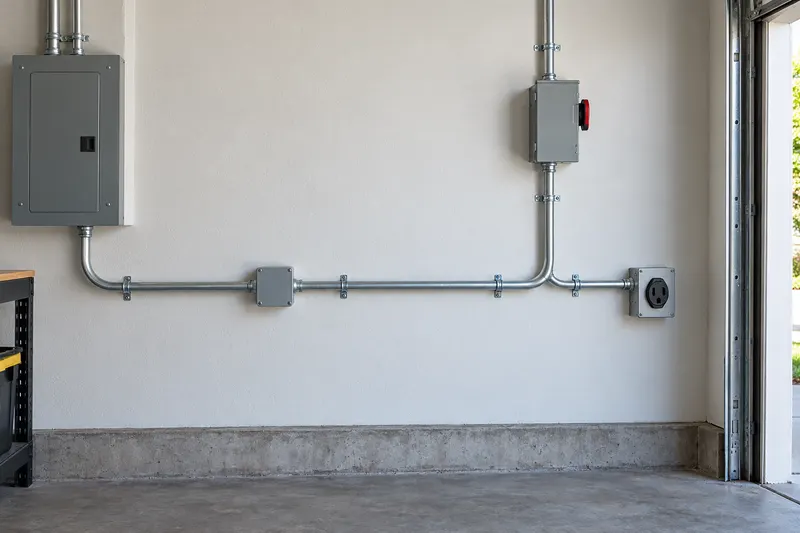 A metal conduit run along a garage wall from a panel to a 240-volt EV outlet, with straps and a junction box
