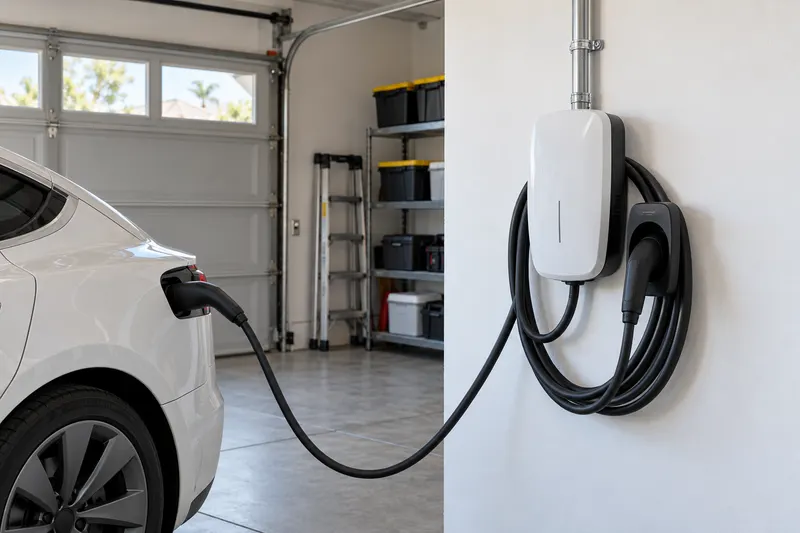 A wall-mounted Level 2 EV charger in a Southern California garage with a white electric car beside it